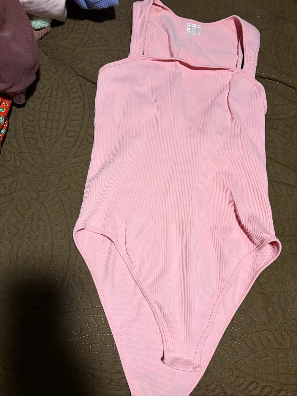 Women's Ribbed Pink Square-Neck Bodysuit